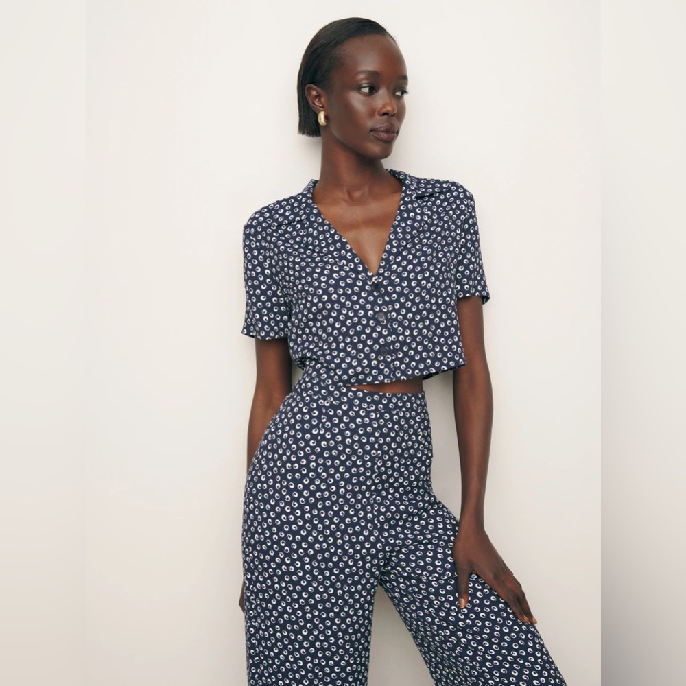 Reformation Navy and White Cropped Jumpsuit